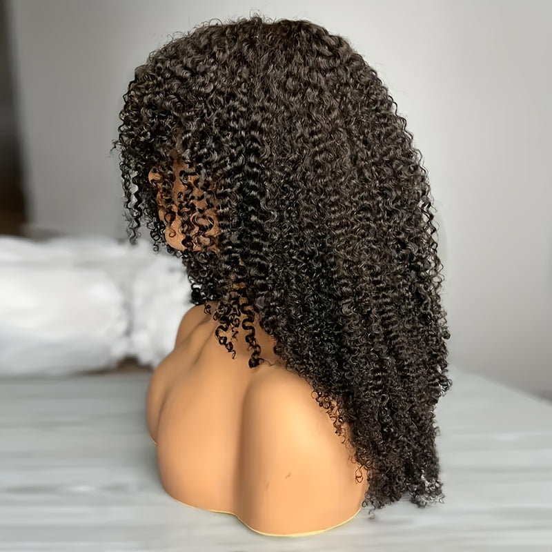 4x4 Lace Closure Kinky Curly 200% Density Human Hair Wigs, 22Inch, Transparent Lace, PrePlucked, No Shedding, Brazilian Hair, Small Knots, Unisex Adult, Deep Curly, With Curtain Bangs, Ready To Wear